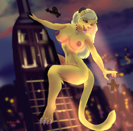 giantess nude furry anthro city blonde long_hair buildings climbing airplane reaching night outdoors asheraart