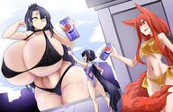 bikini drawing giantess city black_hair long_hair cleavage huge_breasts red_hair ponytail can looking_down outdoors pepsi thick_thighs kindaichi109