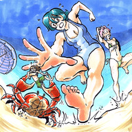 drawing color toes barefoot soles blue_hair short_hair running shrunken_man running_away crab chasing sarah_(ednem3) emily_(ednem3) ed_(ednem3) ednem