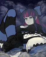 drawing panties feet giga color toes anime purple_hair stockings sitting clouds striped_stockings bow hair_bow skimpy_clothing embernaga panty_and_stocking_with_garterbelt stocking_(panty_and_stocking) pout