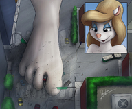 drawing giantess furry anthro city blonde color long_hair destruction toes barefoot rampage buildings soles mink street foot_crush walking looking_down vehicle_crush cracked_pavement animaniacs cutaway made-in-donuts minerva_mink