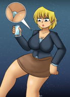drawing giantess earth giga blonde space clothed planet cleavage skirt short_hair phone looking_down earrings dinobirdofdoom between_breasts