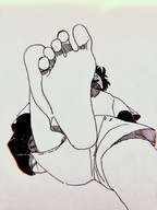 drawing monochrome black_hair giant male toes barefoot soles low_angle short_hair shorts point_of_view laika1989