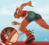 long_hair brunette ponytail shorts running shrunken_man hugging outdoors hanging_on cutaway pedroruizart