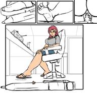drawing micro large_breasts toes barefoot soles glasses smiling pink_hair shrunken_man looking_down pen between_toes flip_flops dereith