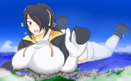 drawing giantess blushing giga city black_hair color long_hair destruction huge_breasts breast_crush lying_down surprised heart looking_down sf_clockman