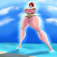 drawing giantess mega color butt beach huge_breasts red_hair looking_down crowds thick_thighs ranma okioppai