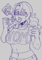 drawing vore monochrome large_breasts tongue handheld shrunken_people open_mouth jora-bora no_background bare_midriff