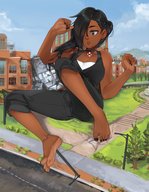drawing giantess city black_hair long_hair destruction toes barefoot soles ponytail dark_skin outdoors