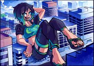 drawing giantess black_hair long_hair destruction smiling sitting sandals outdoors bare_midriff echo