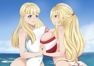 bikini drawing giantess blushing blonde long_hair huge_breasts shrunken_woman giantesses hugging between_breasts