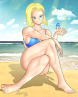 bikini drawing blonde color long_hair beach handheld blue_hair short_hair android_18 dragon_ball shrunken_woman maron_(dragonball)