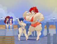 bikini drawing color long_hair blue_hair huge_breasts smiling red_hair ponytail mini_giantess muscles looking_down flexing commoddity