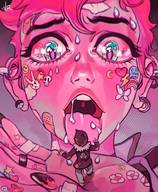drawing giantess vore tongue saliva pink_hair uvula short_hair open_mouth rings