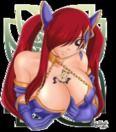 drawing clothed cleavage huge_breasts gloves red_hair twintails shrunken_woman no_background between_breasts