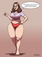 drawing panties large_breasts long_hair handheld barefoot cleavage glasses smiling shrunken_man looking_down milf dialogue thick_thighs no_background bare_midriff tail_blazerr