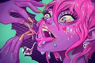 drawing vore color tongue saliva pink_hair short_hair bottomless fangs shrunken_man open_mouth dangle tattoo between_fingers dialogue purple_skin