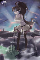drawing giantess panties mega upskirt color large_breasts long_hair clothed cleavage skirt stockings castle smiling ponytail looking_down choker heterochromia multicolored_hair gamefreakdx anvagen