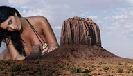 bikini breasts giantess collage mega black_hair large_breasts long_hair cleavage desert smiling lying_down outdoors