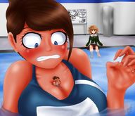 drawing blushing color large_breasts swimsuit embarrassed sitting shrunken_man looking_down swimming indoors danganronpa hina aoi_asahina kogochew between_breasts chihiro_fujisaki mondo_owada
