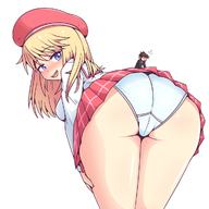 drawing panties blushing upskirt blonde color long_hair smiling bending_over shrunken_man hat looking_back on_butt no_background inksgirls shrink_high