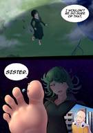 giantess giga space black_hair destruction planet toes barefoot soles multiple_sizes green_hair short_hair looking_down giantesses one_punch_man foot_prints saitama tornado_(one_punch_man) blizzard_(one_punch_man)