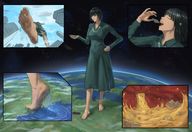 giantess giga black_hair large_breasts toes barefoot soles digestion smiling short_hair foot_crush stomach walking cutaway blizzard_(one_punch_man)