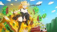 drawing giantess panties horns tail upskirt blonde color long_hair destruction cleavage high_heels huge_breasts socks ponytail crown walking chasing thedaibijin bowsette