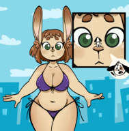 bikini drawing giantess furry anthro large_breasts bunny_ears cleavage brunette short_hair looking_down on_nose cutaway manacho96