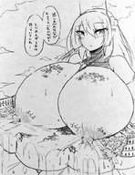 drawing giantess monochrome long_hair destruction huge_breasts breast_crush topless lactation japanese_text dialogue no_background pointed_ears ulzakino