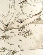 drawing giantess blushing monochrome long_hair destruction buildings wet sweat looking_down vehicles on_chest ulzakino
