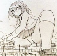 drawing giantess panties city upskirt monochrome black_hair short_hair outdoors crouching ulzakino
