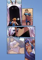 drawing vore comic color large_breasts handheld red_hair twintails shrunken_woman dark_skin grabbing goggles panels pointed_ears fate/grand_order ecchipandaa nitocris