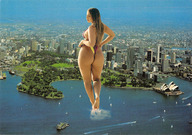 giantess collage city mega large_breasts long_hair butt swimsuit water ocean buildings brunette walking outdoors sydney sydney_opera_house tekitocreations