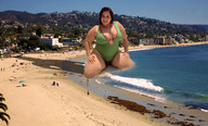 giantess collage large_breasts long_hair swimsuit beach buildings brunette smiling bbw outdoors necklace bracelet tekitocreations