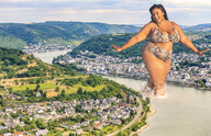 bikini giantess city black_hair large_breasts long_hair buildings smiling bbw looking_down dark_skin outdoors hoop_earrings bare_midriff tekitocreations