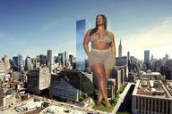 breasts giantess collage city mega black_hair long_hair barefoot cleavage bra buildings bbw shorts dark_skin looking_up new_york_city hands_on_hips thick_thighs tekitocreations