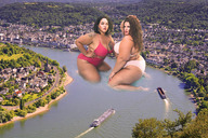 bikini giantess city large_breasts long_hair buildings brunette short_hair giantesses outdoors hoop_earrings tattoo looking_back ships looking_at_viewer tekitocreations