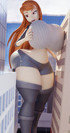 giantess city long_hair buildings huge_breasts brunette looking_down outdoors big_butt thick_thighs digital_render minmax3d