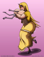 drawing giantess blushing color clothed huge_breasts topless smiling hugging horn no_background between_breasts kernaalitanuli