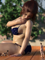bikini large_breasts long_hair butt_crush brunette smiling ponytail shrunken_men sitting looking_down hand_over_mouth digital_render vorifax