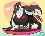 drawing giantess furry blushing anthro orca color large_breasts exercise cleavage bra smiling muscles shorts looming workout fish looking_at_tiny shark_girl arfventurer