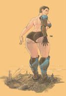 drawing giantess panties city color armor destruction butt_crush underwear short_hair muscles kat looking_back berggie debris butt_print prosthetic halo_(game) kat-b320 prosthetic_arm