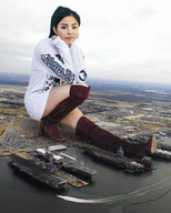 giantess collage mega black_hair long_hair water ocean traffic ponytail sitting vehicles outdoors ships aircraft_carrier