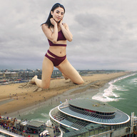 giantess collage black_hair long_hair swimsuit beach smiling kneeling outdoors crowds docop