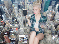 giantess collage city blonde destruction buildings short_hair sitting outdoors pursed_lips bare_midriff