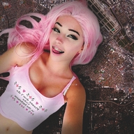 giantess collage giga long_hair smiling pink_hair lying_down airplane braces bare_midriff belle_delphine