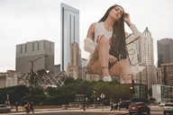 giantess collage city long_hair destruction traffic buildings brunette sitting walking looking_down outdoors crowds sitting_on_building