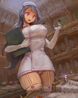 drawing giantess panties upskirt black_hair color long_hair huge_breasts smiling nurse looking_down indoors thick_thighs syringe kazo