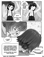 drawing comic monochrome black_hair large_breasts angry smiling short_hair kissing shrunken_woman dialogue panels digital_render